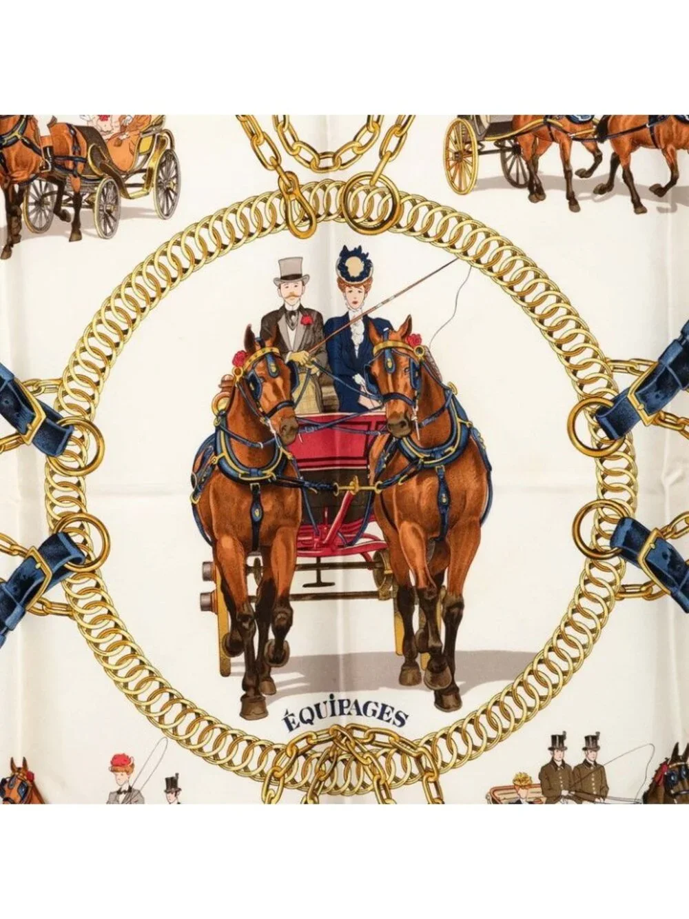 Hermes Carre 90 Equipages Carriage Scarf Navy Multicolor Silk